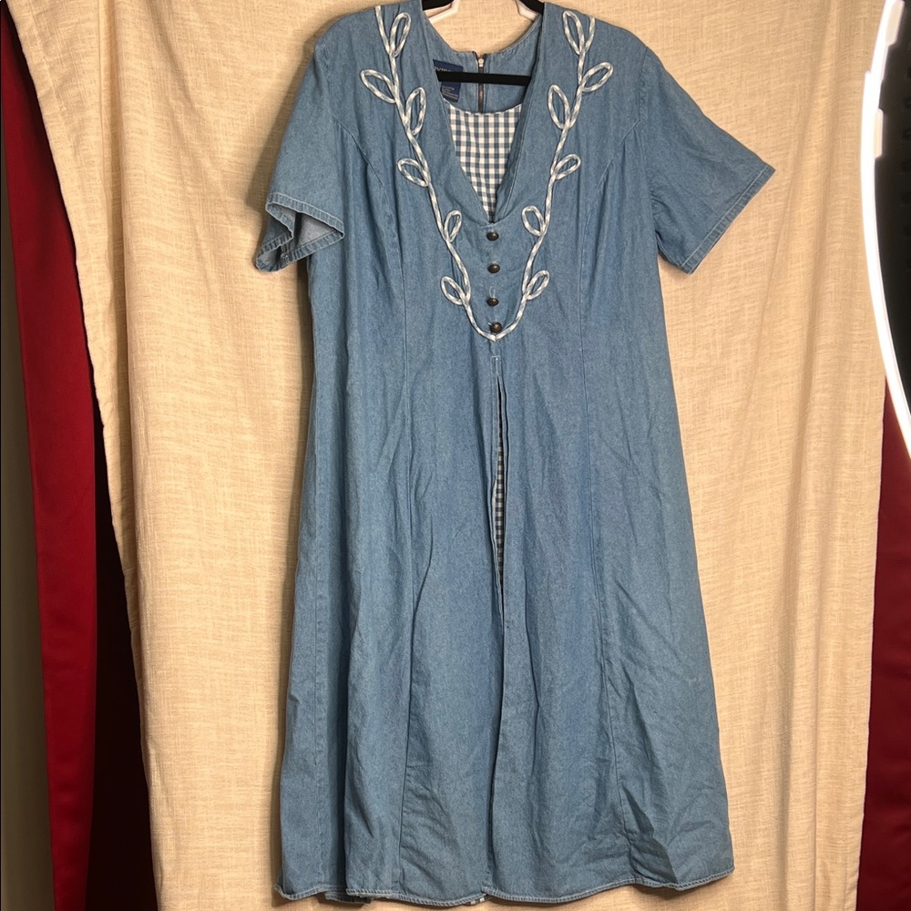 B.T. Express TradWife Blue Denim Maxi Dress with White Embroidery Church attire